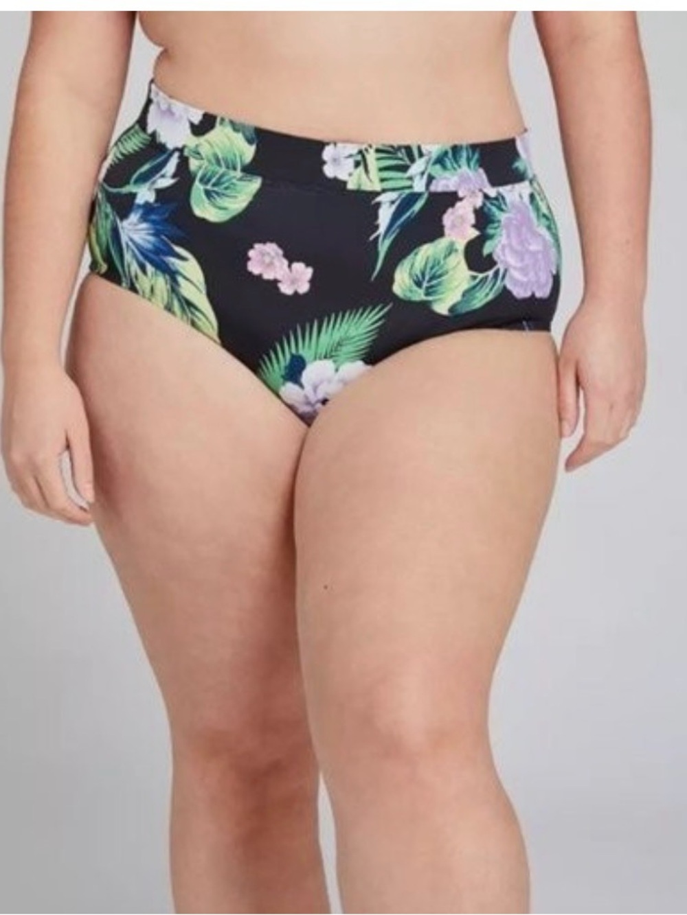 High-Waist Floral Bikini Bottoms - Black with Purple & Green